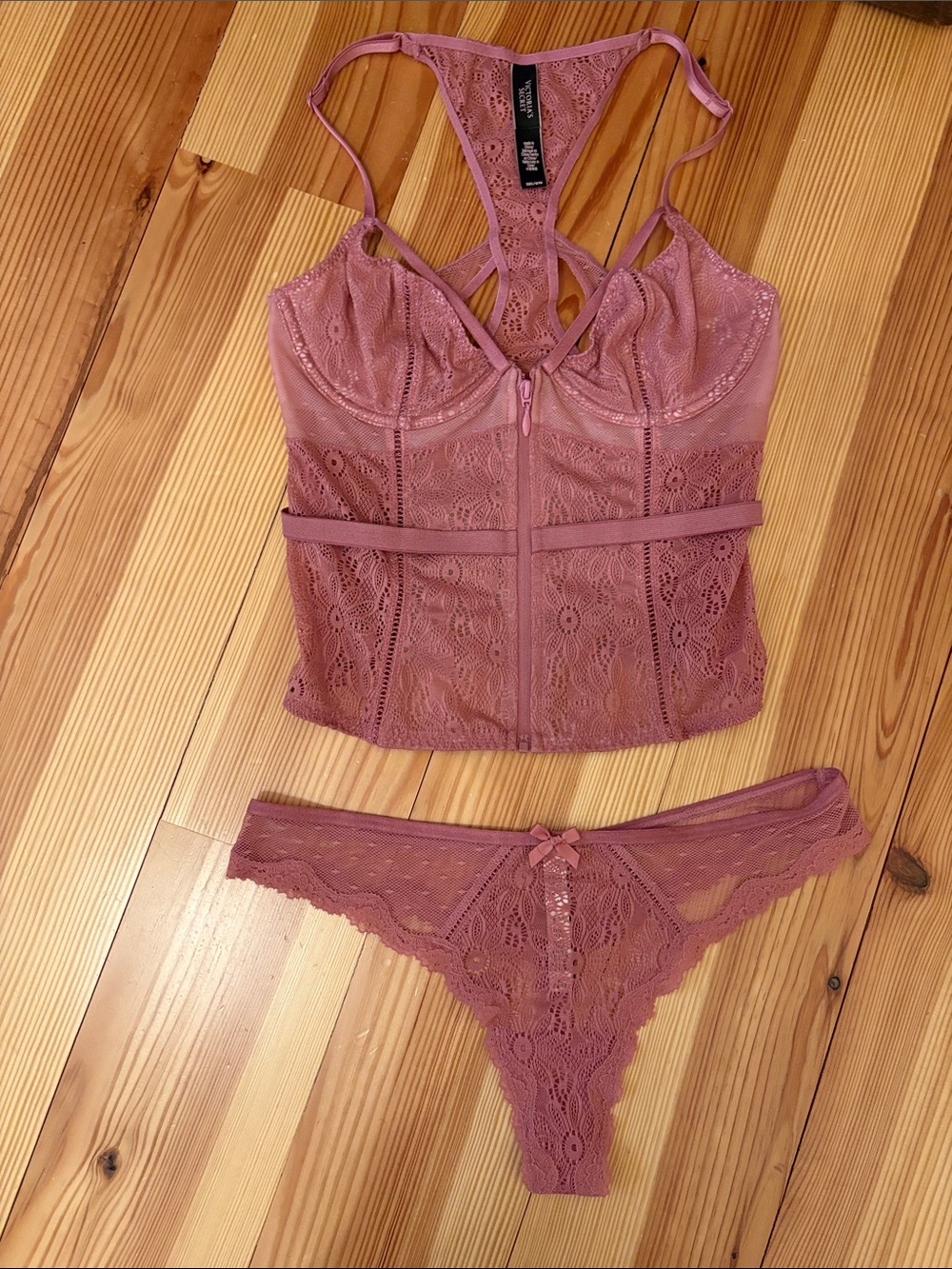 Victorias Secret Lace Longline Bralette & Thong Set - Dusty Mauve
